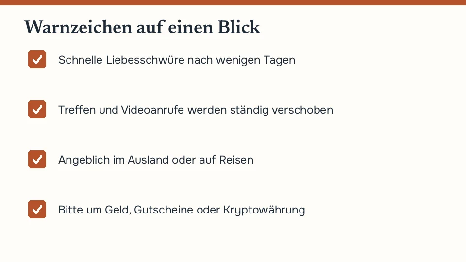 Warnzeichen für Liebesbetrug beim Online-Dating